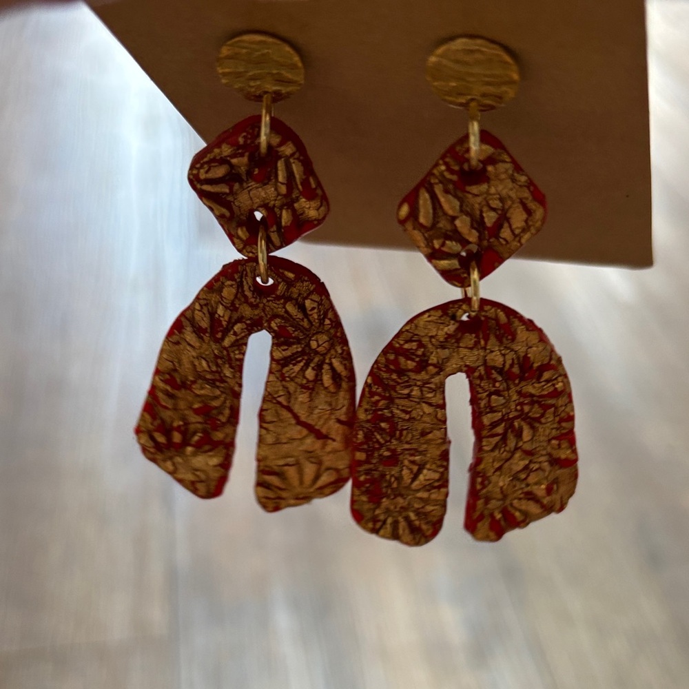 Handmade Red & Gold Floral Arch Drop Polymer Clay Earrings - Women Jewelry - Picture 4 of 5